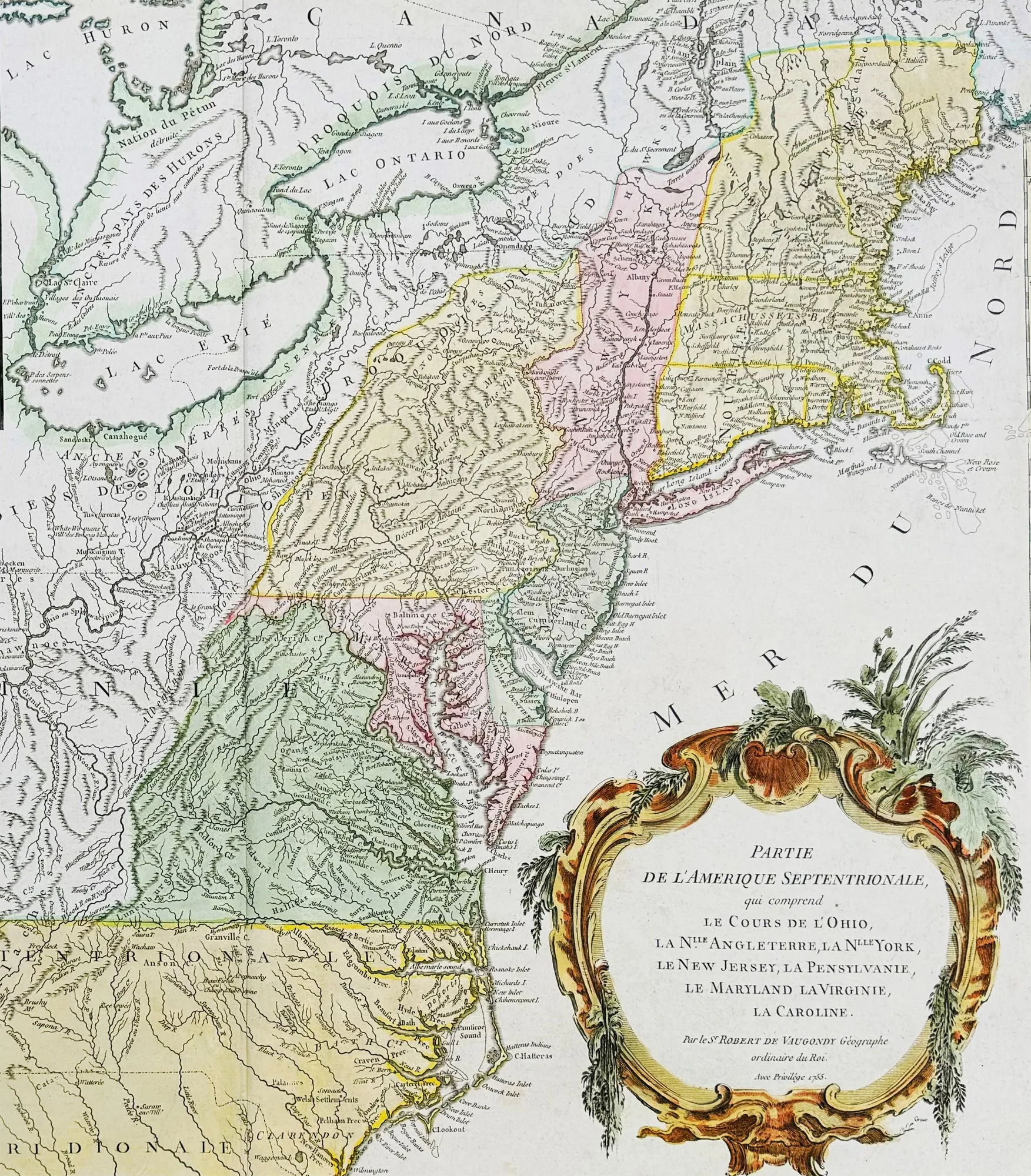 1755 (1768) Robert De Vaugondy Large Antique 2nd edition Map of Colonial United States