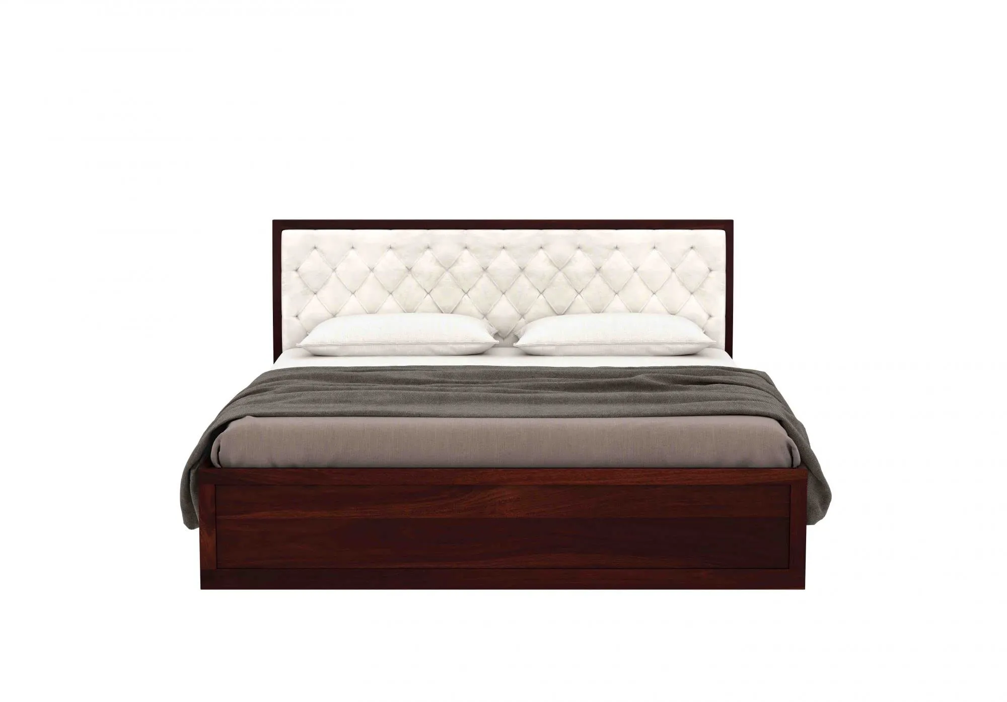 Budhakish Furniture Solid Sheesham Wood King Size Bed with Storage | Wooden Double Bed Cot Bed with Box Storage & White Upholstered Cushioned Headboard for Bedroom | 6.5 X 6 FT, Walnut Finish
