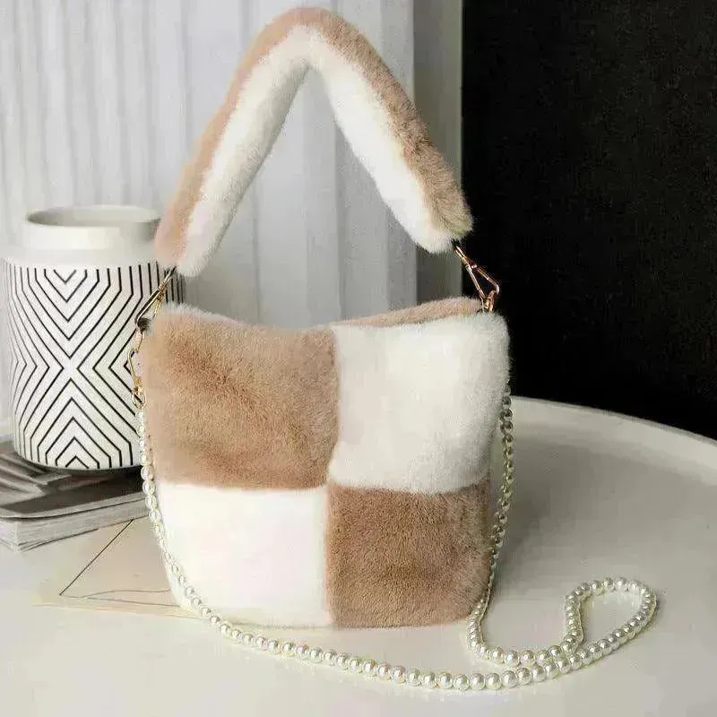 Checkerboard Plush Bucket Bag With Pearl Chain