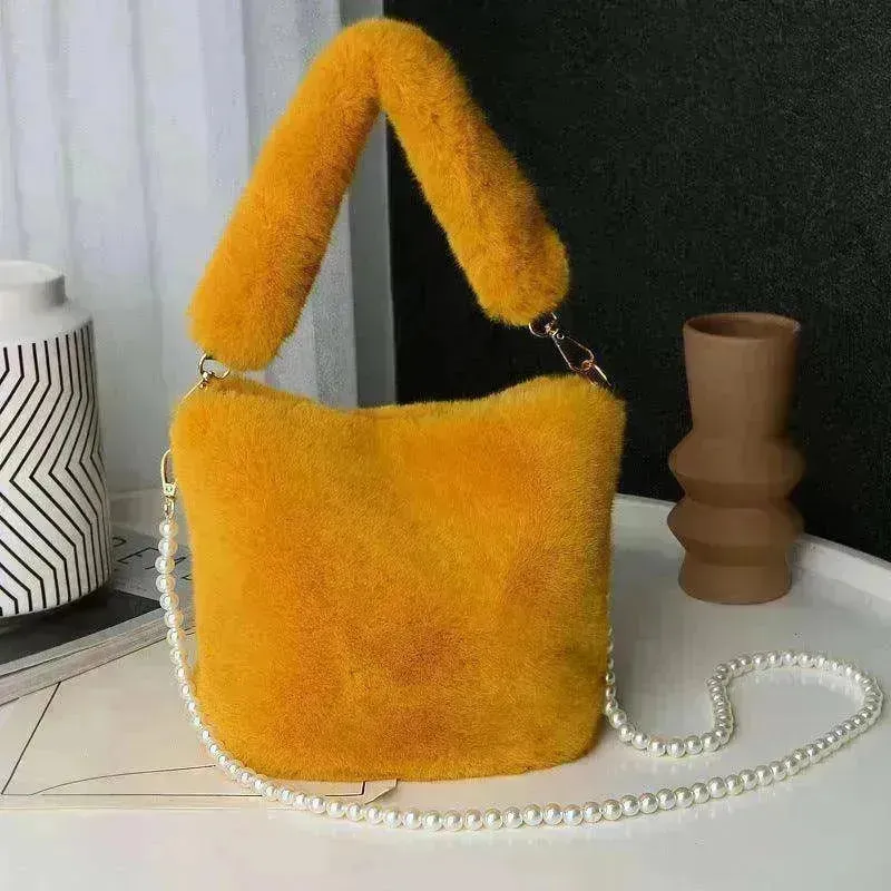 Checkerboard Plush Bucket Bag With Pearl Chain