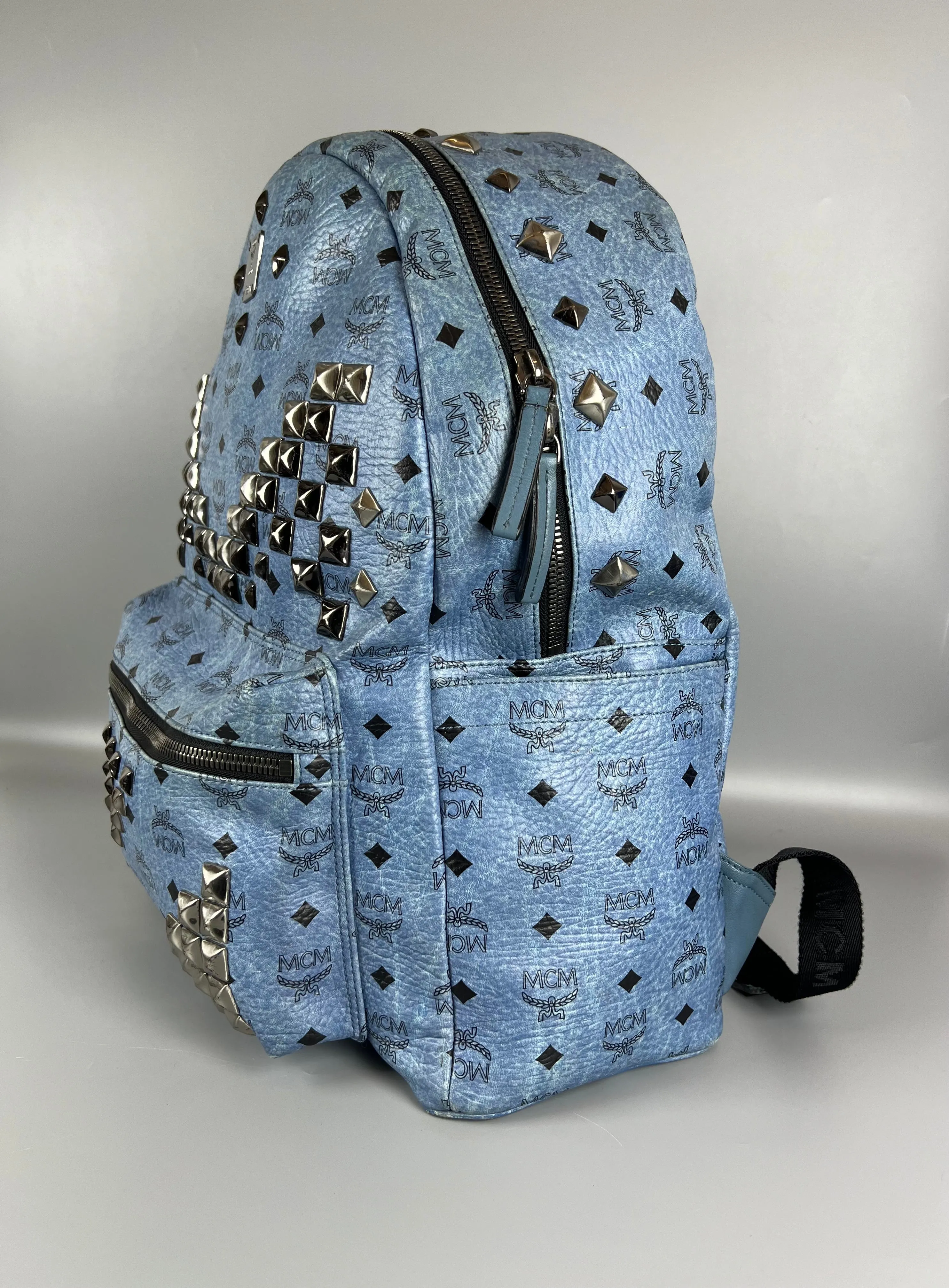 MCM Light Blue Visetos Coated Canvas and Leather Studs Backpack