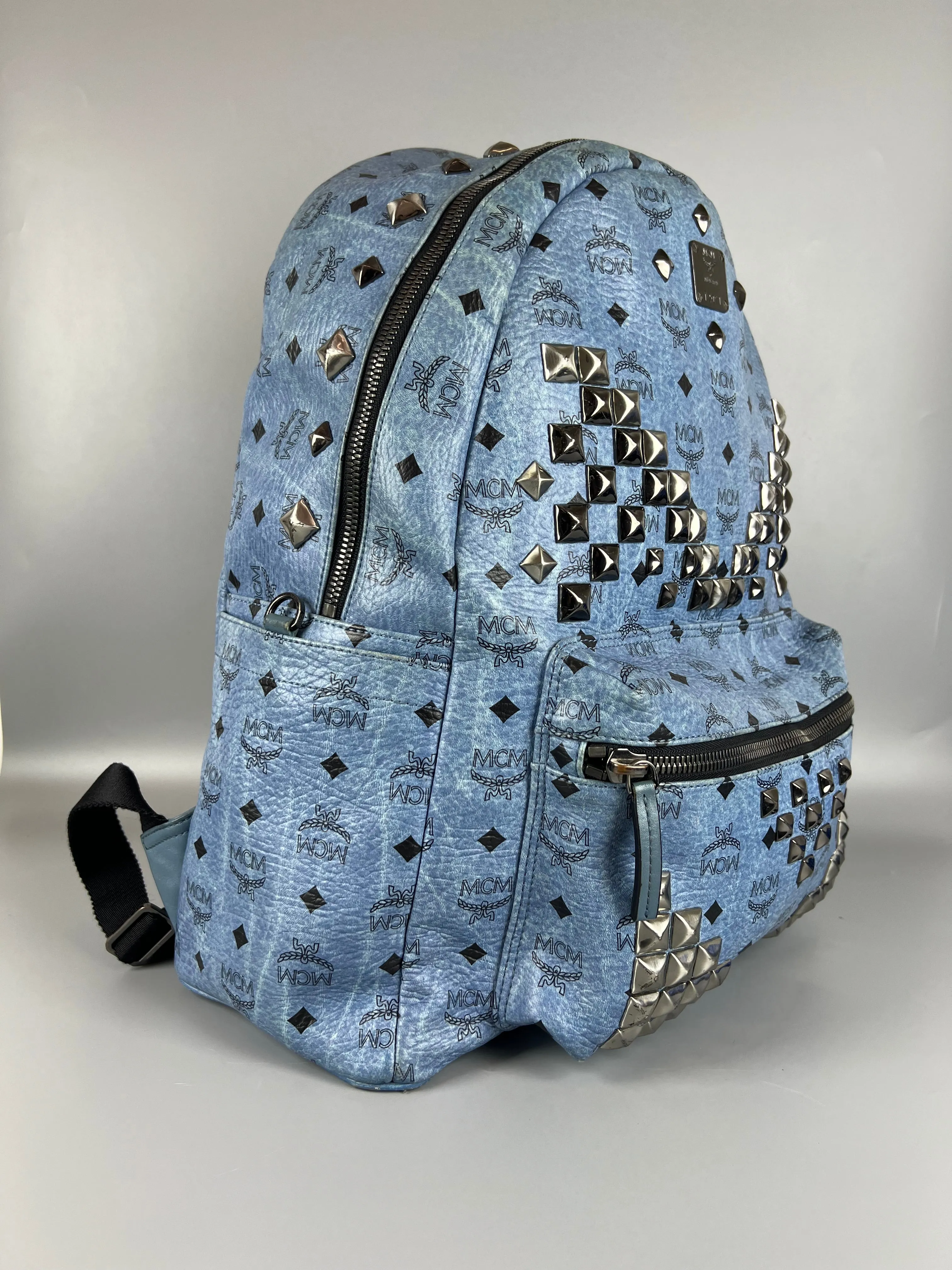 MCM Light Blue Visetos Coated Canvas and Leather Studs Backpack