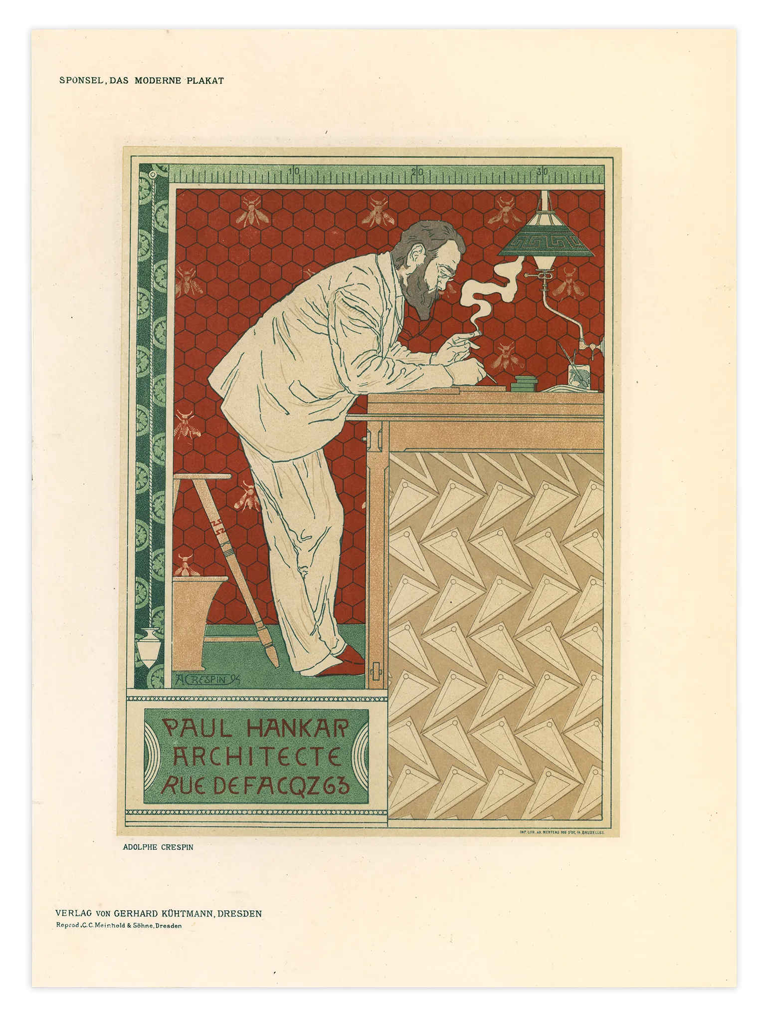 Paul Hankar Architect by Adolphe Crespin, Art Nouveau lithograph, 1897