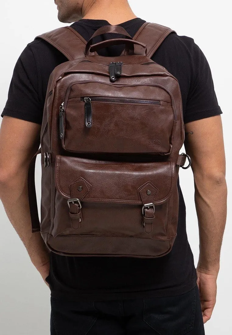 Pu Buckled Zipper Large Backpack - Dark Brown