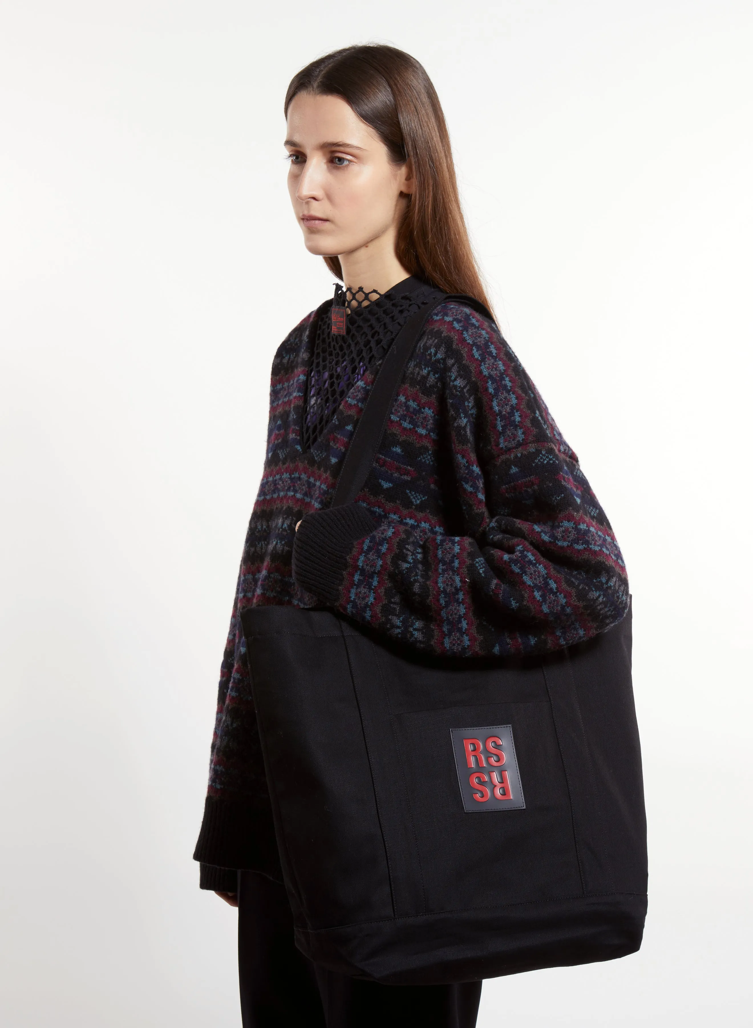 RAF SIMONS SMALL DENIM TOTE BAG WITH PRINT AND RS BADGE