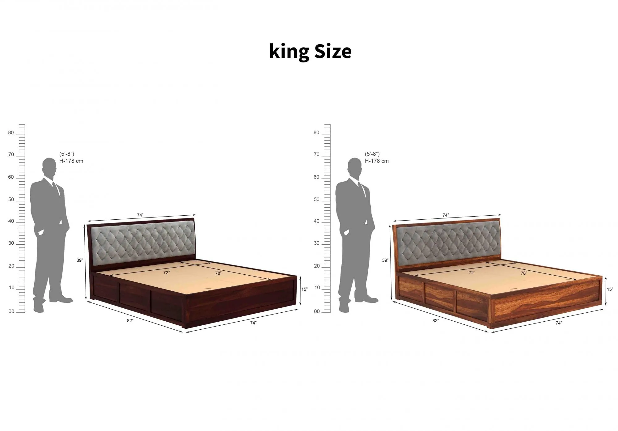 Sheeshamwallah Wooden King Size Bed with Box Storage for Bedroom, Grey Upholstered Cushioned Headboard, Solid Sheesham Wood, Walnut Finish, Mattress Size: 78 X 72