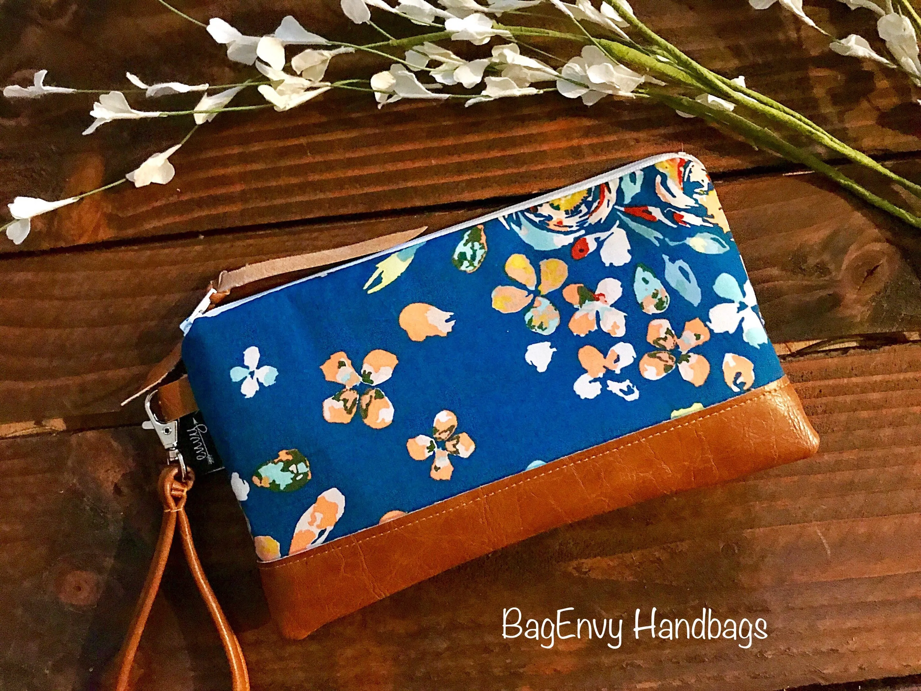 Teal Boho Floral with Vegan Leather - Zippered Wristlet Clutch /  Bridesmaid Gift- Accessory Make Up Bag -