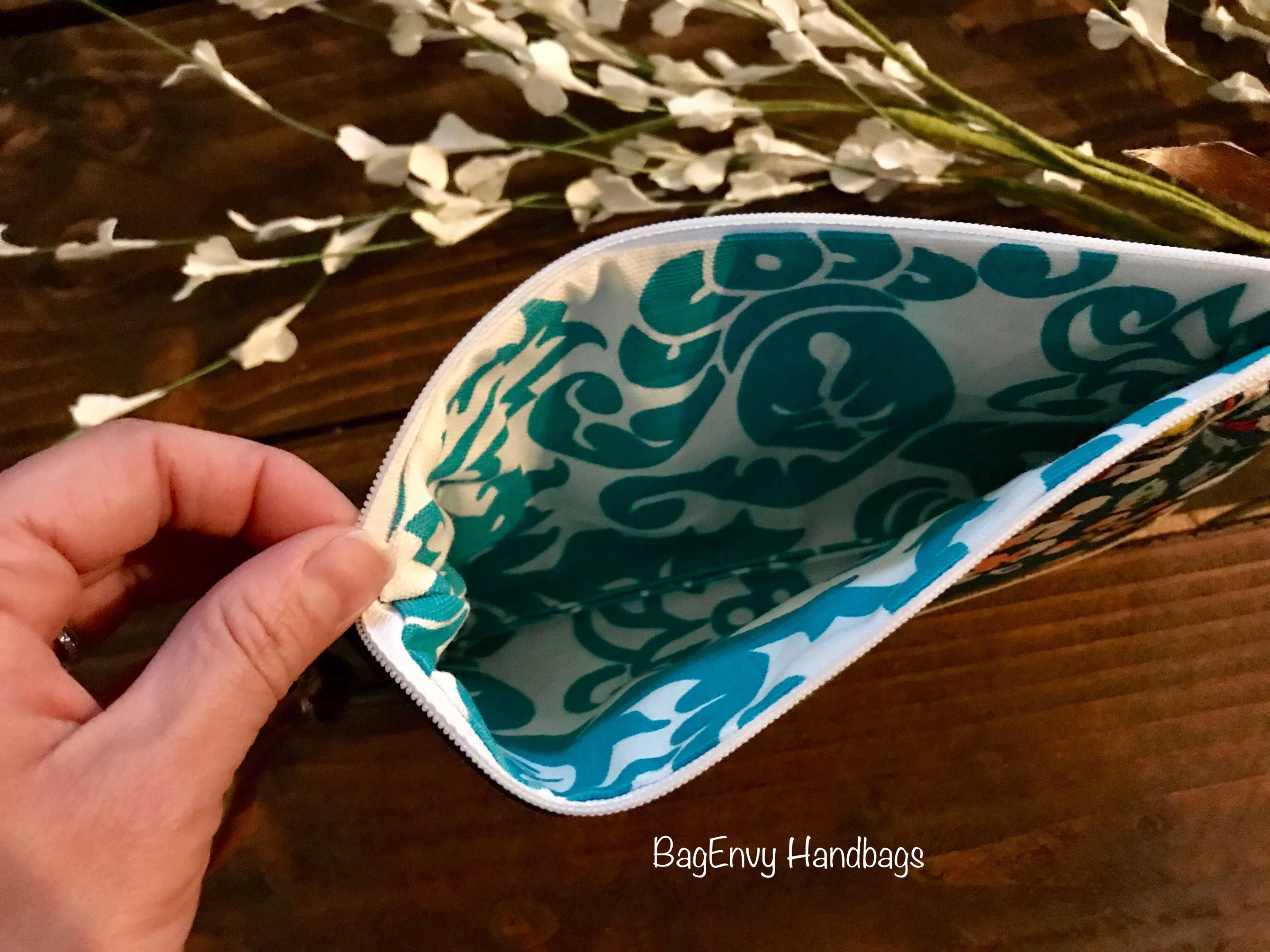 Teal Boho Floral with Vegan Leather - Zippered Wristlet Clutch /  Bridesmaid Gift- Accessory Make Up Bag -