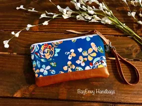 Teal Boho Floral with Vegan Leather - Zippered Wristlet Clutch /  Bridesmaid Gift- Accessory Make Up Bag -