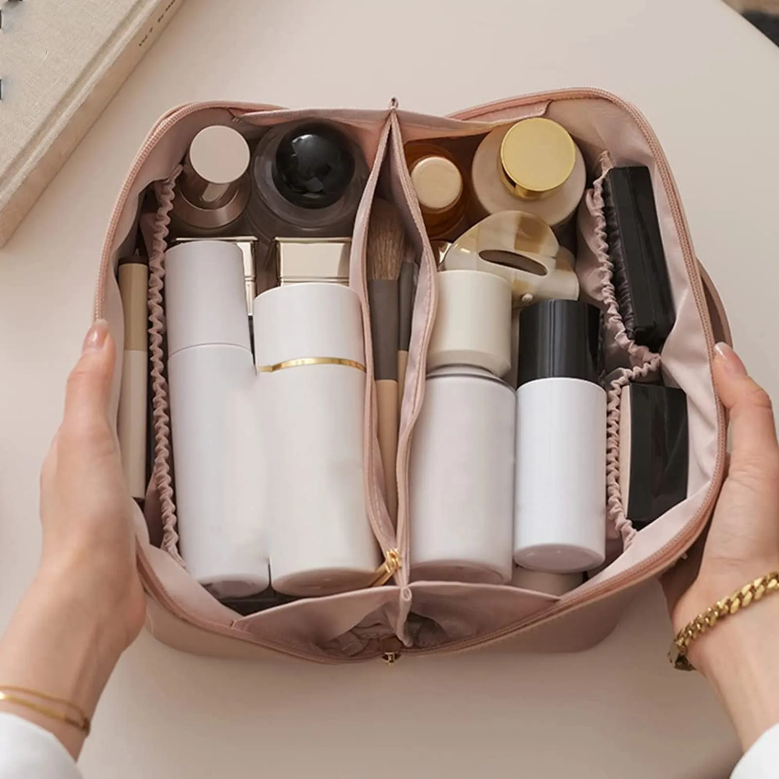 Travel Cosmetic Bag Large Capacity Cosmetic Bags for Women | Waterproof Portable Cosmetic Bag -Brown
