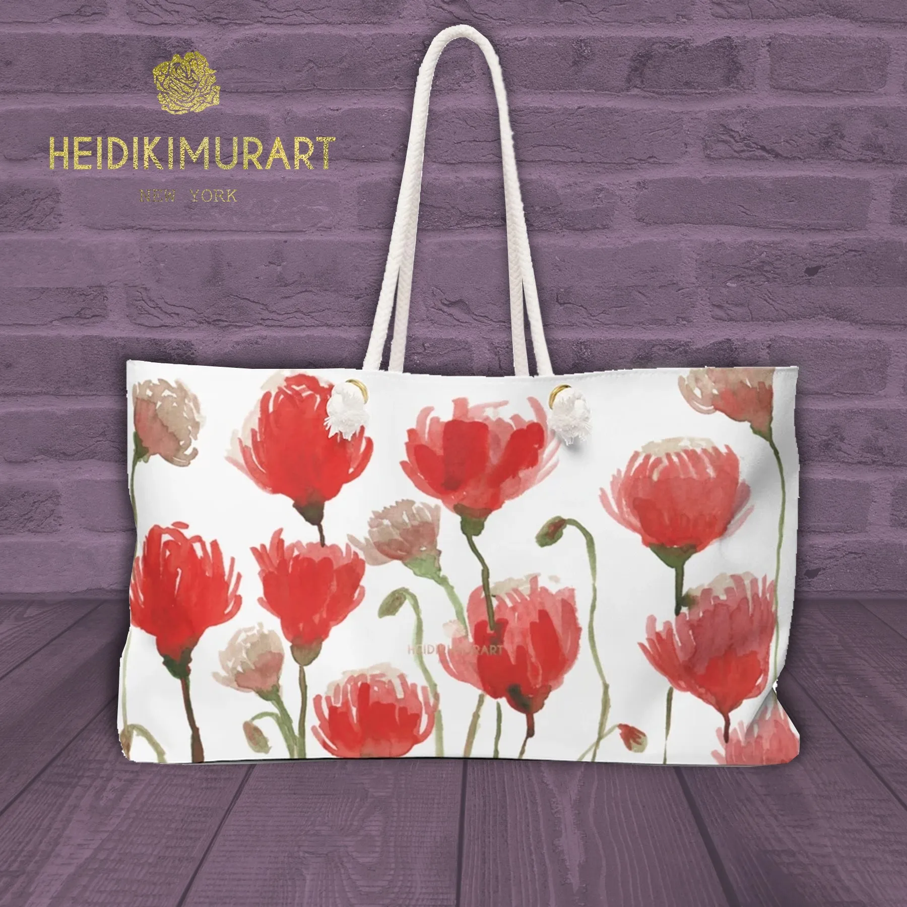White Red Poppy Floral Bag, Best Flowers Floral Print Oversized Designer 24"x13" Large Weekender Bag